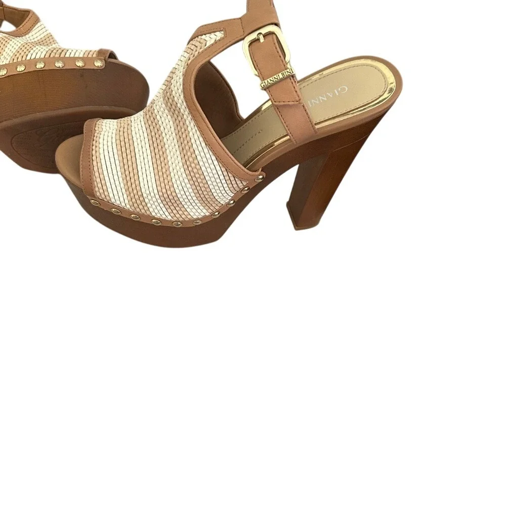 Gianni Bini Platform Heels Ankle Strap Peep‎ Toe Woven Tan Brown